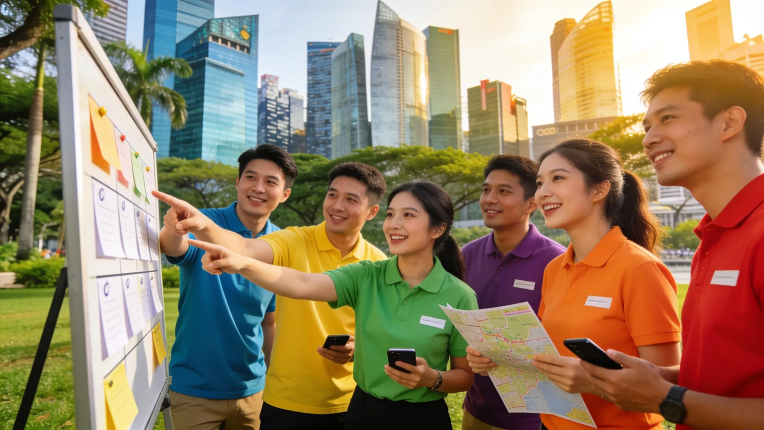 Corporate team-building event showcasing employees engaging in outdoor activities in Singapore
