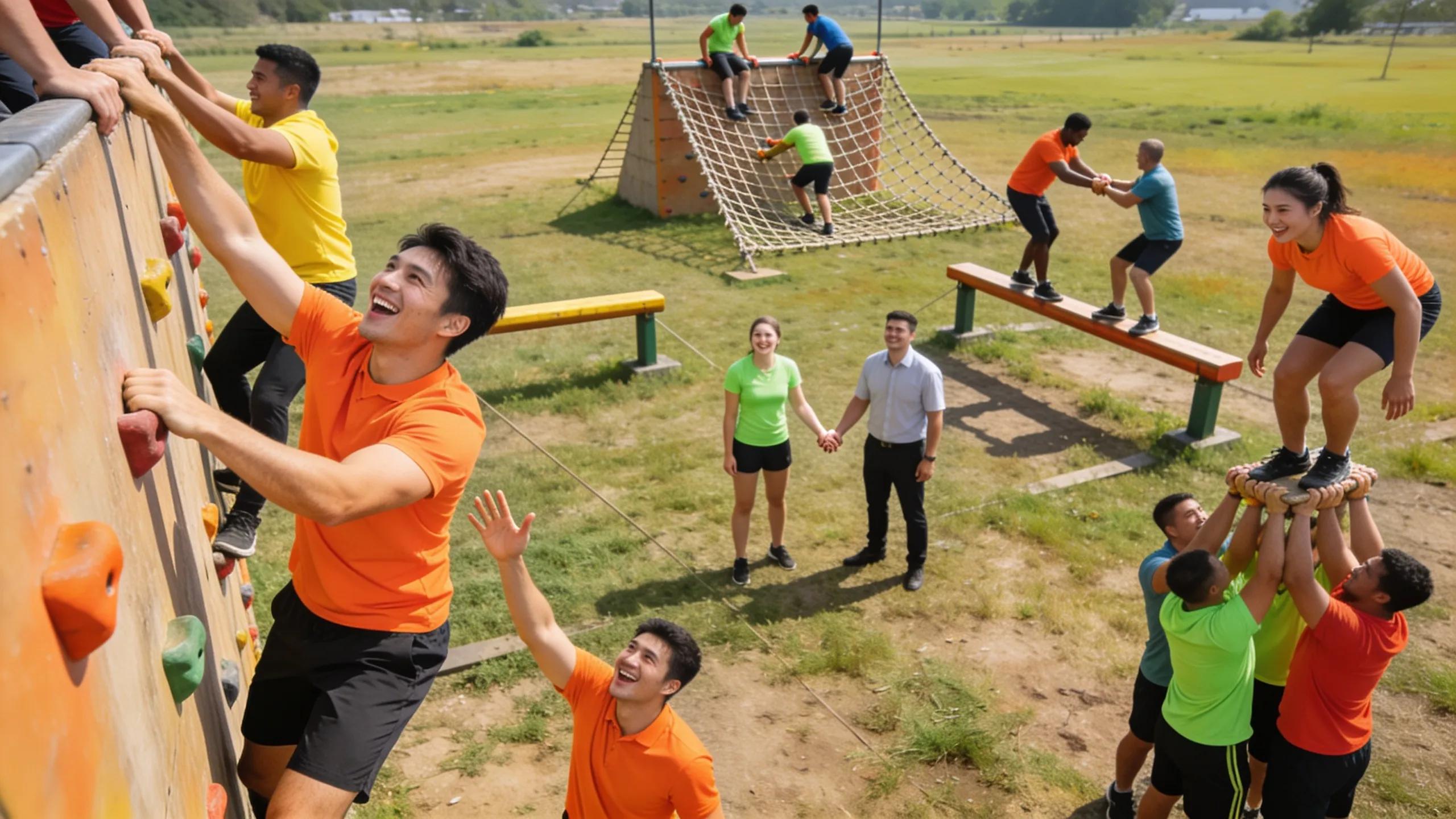 Employees collaborating in an adventure-based team challenge at a corporate event.