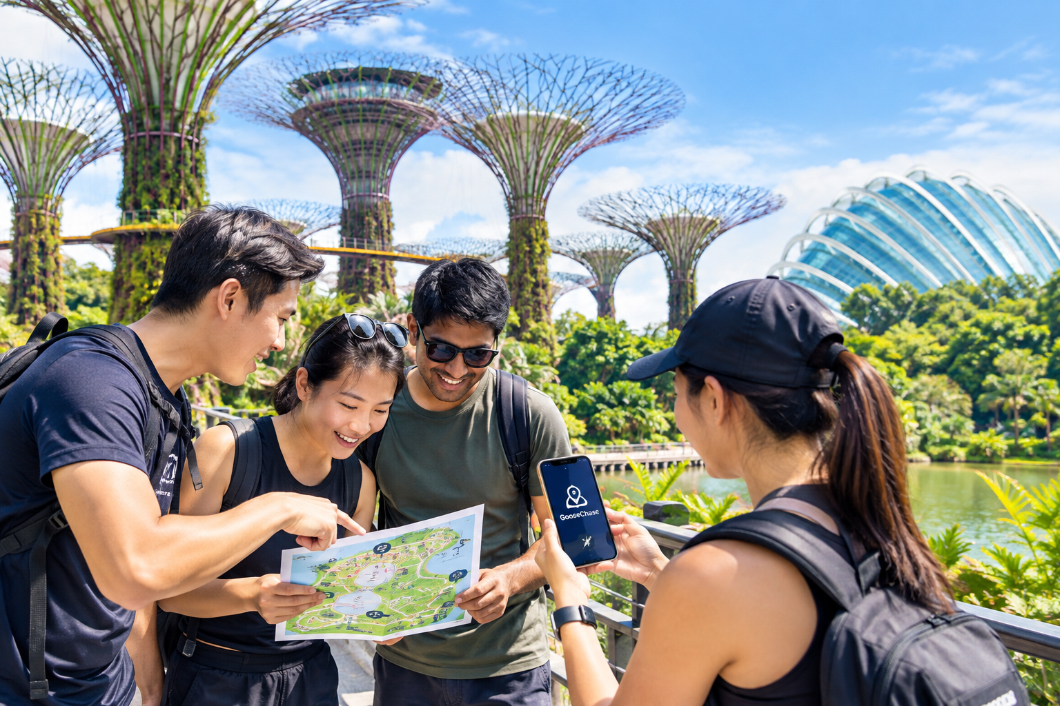 Group looking at map and phone