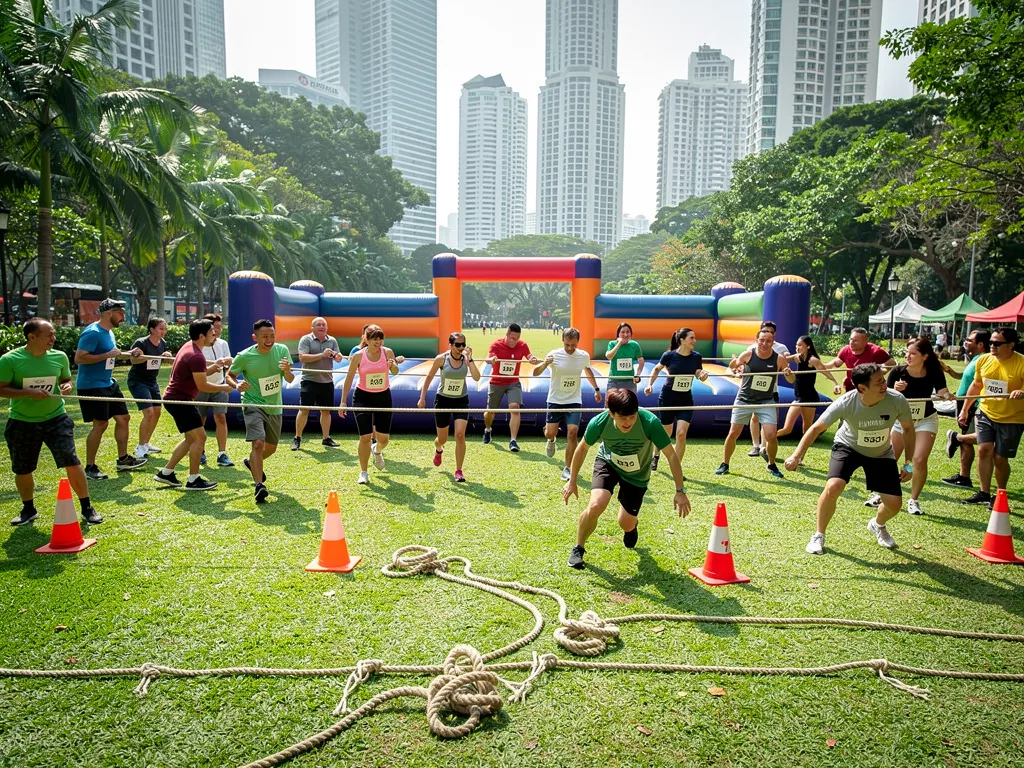 Large group of coworkers in casual outfits taking part in a Singapore corporate sports day