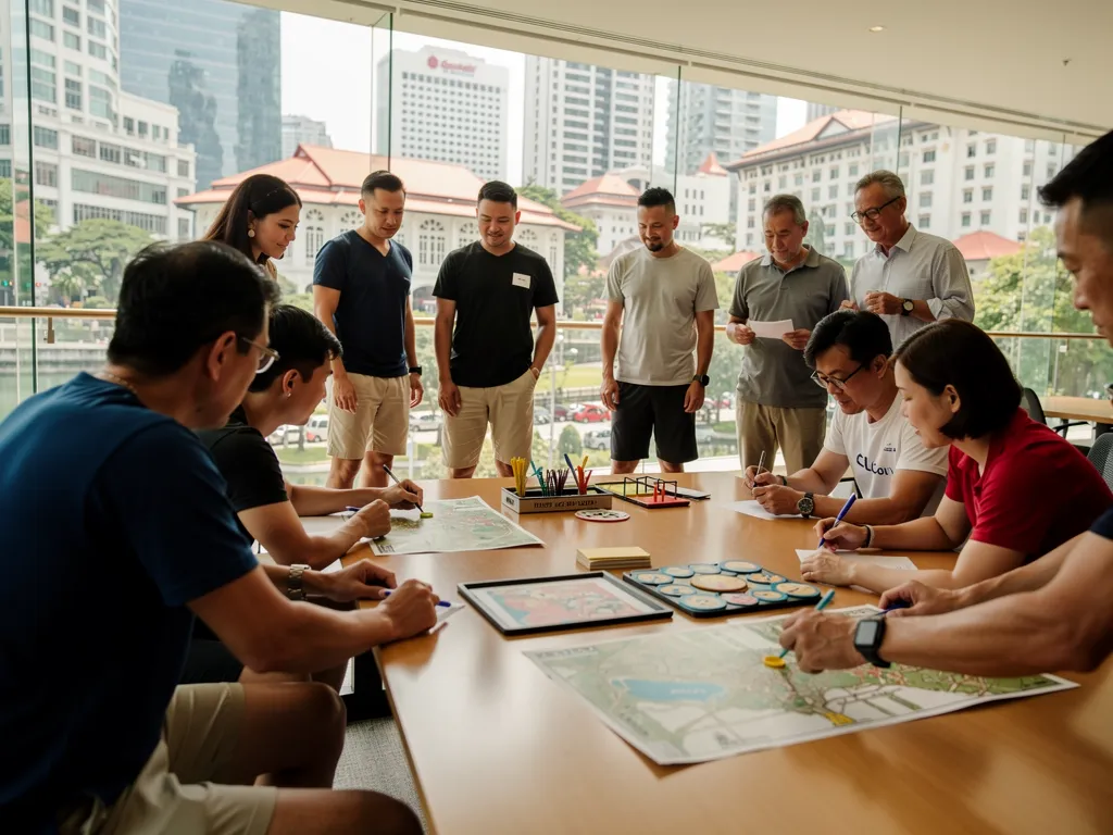 Team members in casual clothing working together on a structured team-building challenge